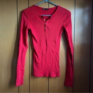 Zara Red Ribbed-Knit Long Sleeve Top Size Small